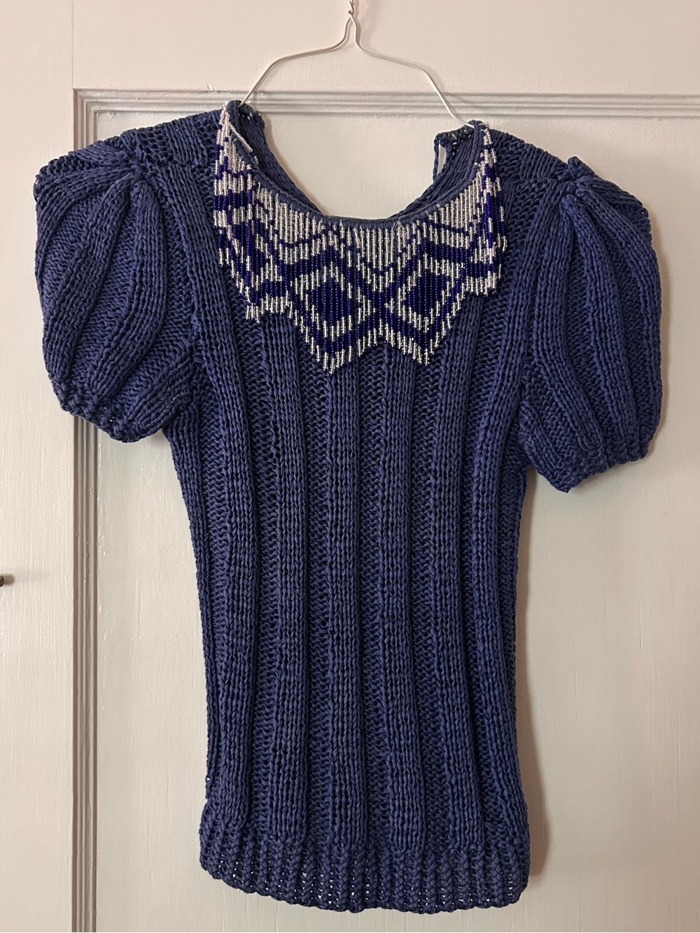 Vtg 80s Knit Top with Beaded Fringe Collar Detail, Designer Linda Mishan